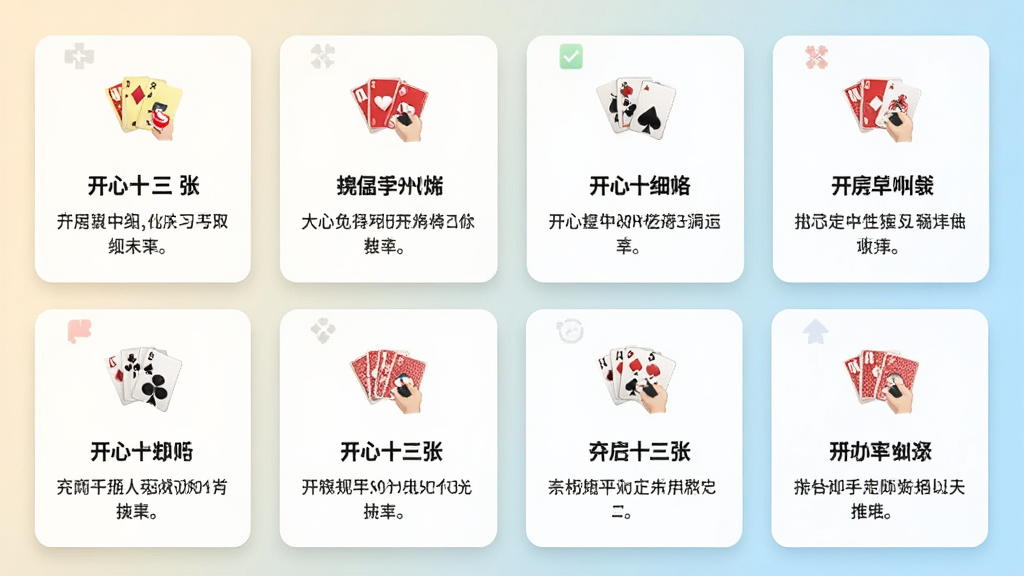 开心十三张规则选择界面,画面展示多个规则选项卡片,每个卡片上有规则名称和简短说明,背景为浅色渐变,布局为网格排列,风格为简洁明快的应用界面,细节包含图标和文字标签,画质高清,干净,无多余元素