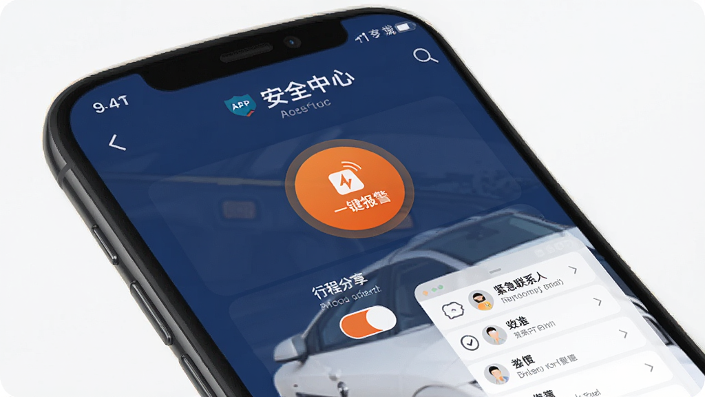 ���������Ǵ��ݳ���˾����APP�İ�ȫ���Ľ��棬��Ļ����ʾһ��������ť���г̷��������������ϵ���б������־���ͻ����ȫ���ܣ�������ؿɿ�����ɫ���������ɫ��ʾΪ����ϸ�����������ʸ��壬�ɾ����޶���Ԫ��