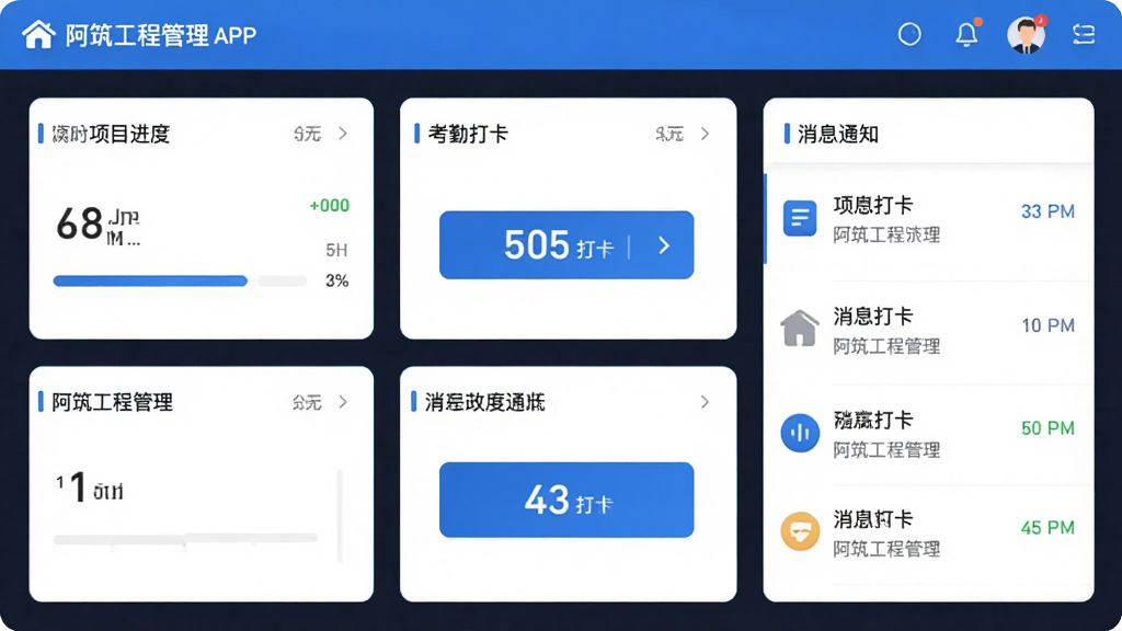 �����������ͼ����������չʾ�������̹���APP����ҳ���壬������Ŀ���ȿ�Ƭ�����ڴ򿨰�ť����Ϣ֪ͨ�б��������������Ű�������½ṹ�����Ϊ�ִ���Լ����磬ϸ����ͻ����ɫ��ɫ�����ƽ��ͼ�꣬���ʸ��壬����ɾ����޶���Ԫ��