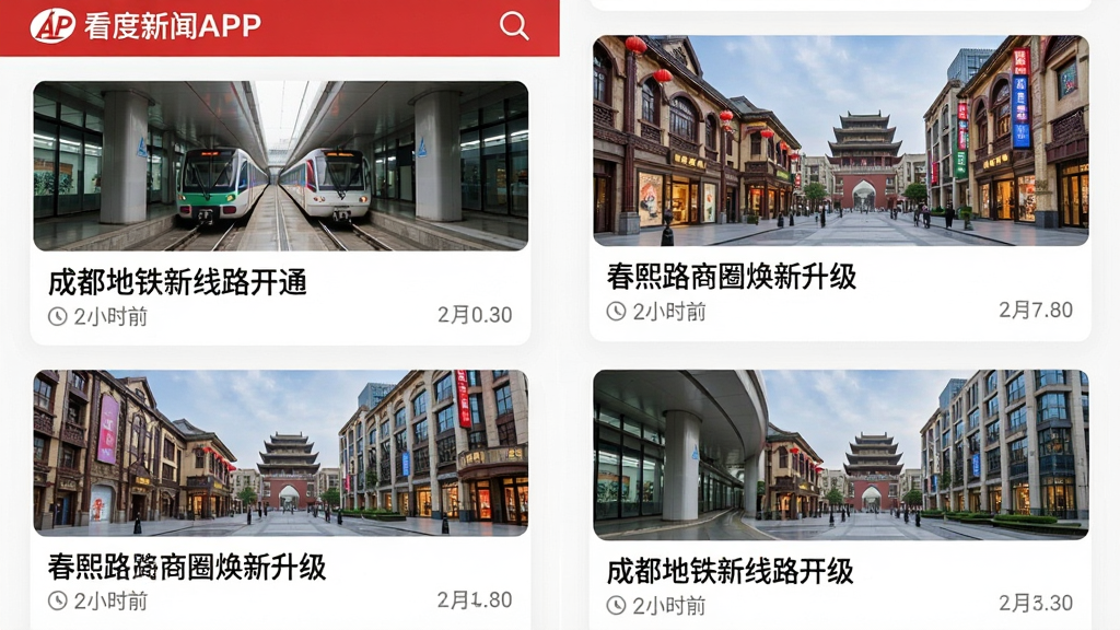 看度新闻APP新闻列表页面,手机屏幕显示多条成都本地新闻卡片,包含“成都地铁新线路开通”“春熙路商圈焕新升级”等标题,每条新闻配有缩略图和发布时间,界面排版整齐,红白配色风格,画质清晰,干净无多余元素