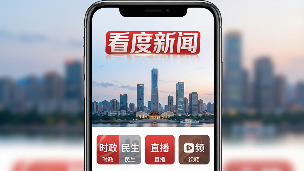 看度新闻APP主界面展示,手机屏幕中央显示成都城市天际线背景,上方有醒目的“看度新闻”文字标识,下方排列着时政、民生、直播、视频等频道入口按钮,界面采用红白配色,整体风格简洁大气,画质清晰,干净无多余元素