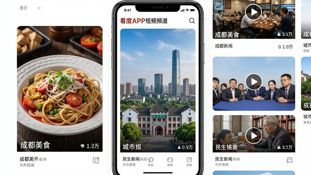 看度新闻APP短视频频道界面,手机屏幕中显示多个竖版短视频缩略图,内容涵盖成都美食、城市风光、民生新闻等,每个视频下方有标题和播放量,界面采用沉浸式设计,画质清晰,干净无多余元素