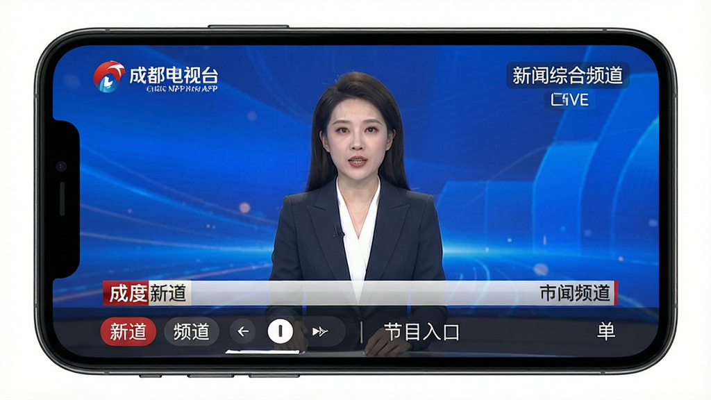 看度新闻APP直播页面,手机屏幕展示成都电视台新闻综合频道直播画面,画面中是一位新闻主播正在播报,屏幕下方有频道切换按钮和节目单入口,界面设计规范,画质清晰,干净无多余元素