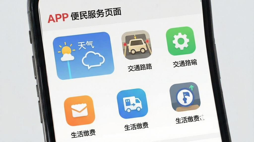 看度新闻APP便民服务页面,手机屏幕展示天气信息、交通路况、生活缴费等多个功能图标,排列整齐,图标设计简洁明了,背景为浅灰色,界面清爽,画质清晰,干净无多余元素