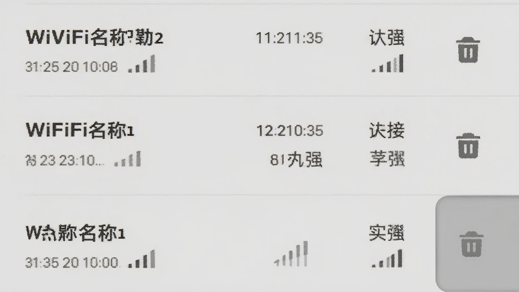万能WiFi匙快连历史记录界面,手机屏幕显示已保存热点列表,每条记录包含WiFi名称、连接时间、信号强度,右侧有删除按钮,背景为浅灰色,布局为纵向列表,风格为简约实用型UI,细节包括时间戳、信号图标、滑动删除提示,画质清晰,画面干净,无多余元素