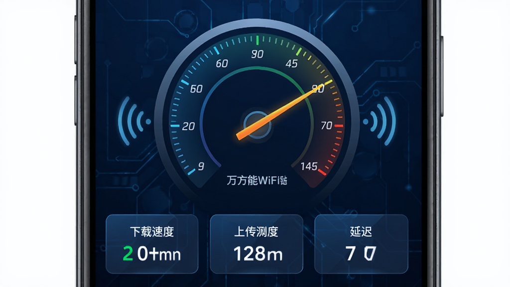 万能WiFi匙快连网络测速页面,手机屏幕显示圆形速度仪表盘,指针指向高速区域,下方有下载速度、上传速度、延迟三项数据,背景为深蓝色科技纹理,布局为居中仪表盘加数据卡片,风格为动感科技风,细节包括刻度线、数字跳动效果、信号波纹,画质清晰,画面干净,无多余元素