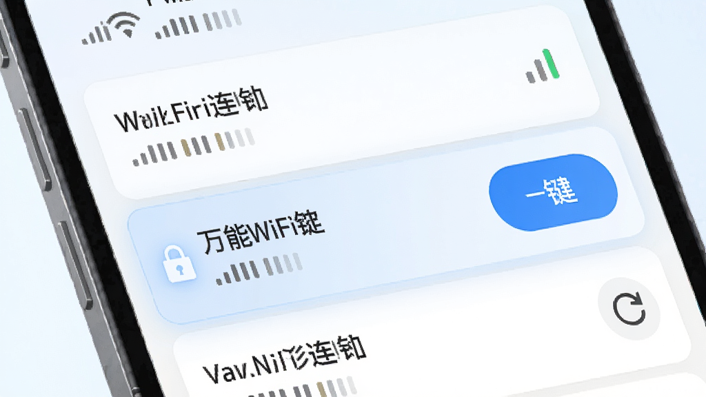 手机屏幕特写,显示万能WiFi匙快连的热点列表页面,列表中排列着多个WiFi名称与信号强度图标,其中一个热点被高亮选中,旁边有蓝色一键连接按钮,背景为浅色渐变,布局清晰整齐,风格为扁平化科技插画,细节包括信号格、锁形图标、刷新按钮,画质清晰,画面干净,无多余元素