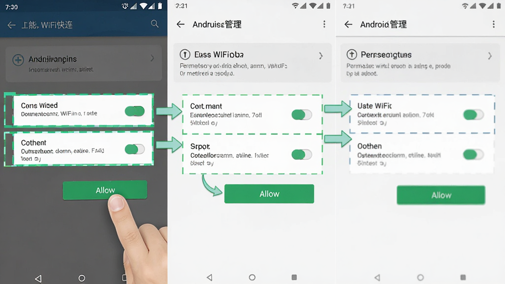 万能WiFi匙快连安装权限设置示意图,手机屏幕显示安卓权限管理页面,位置权限与存储权限被高亮标注,旁边有手指点击允许按钮的动作,背景为浅色系统界面,布局为分步截图风格,细节包括权限开关、提示文字、箭头指引,画质清晰,画面干净,无多余元素