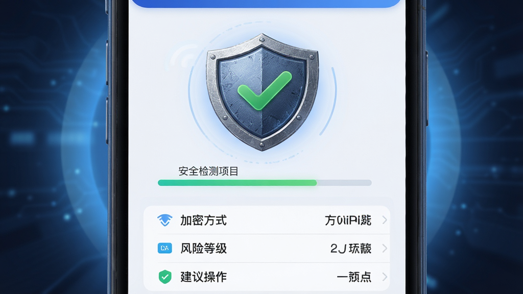 万能WiFi匙快连安全检测界面,手机屏幕中央显示一个盾牌图标与绿色对勾,下方列出安全检测项目如加密方式、风险等级、建议操作,周围有淡淡的蓝色光晕,布局为上下结构,风格为安全防护主题UI图,细节包括盾牌纹理、检测进度条、文字标签,画质清晰,画面干净,无多余元素