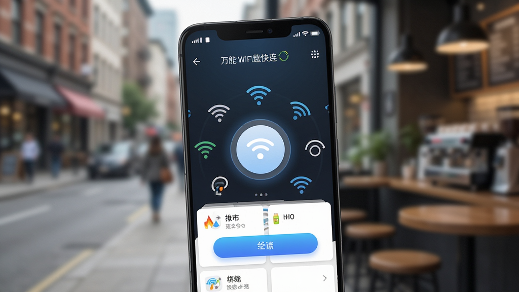 画面主体是一部安卓手机,屏幕显示万能WiFi匙快连软件主界面,界面中央有一个醒目的圆形连接按钮,周围环绕多个WiFi信号图标,背景是虚化的城市街景与咖啡厅环境,布局采用居中构图,手机略微倾斜展示,风格为现代科技感UI展示图,细节包括状态栏信号图标、热点列表卡片、蓝色渐变按钮,画质清晰,画面干净,无多余元素