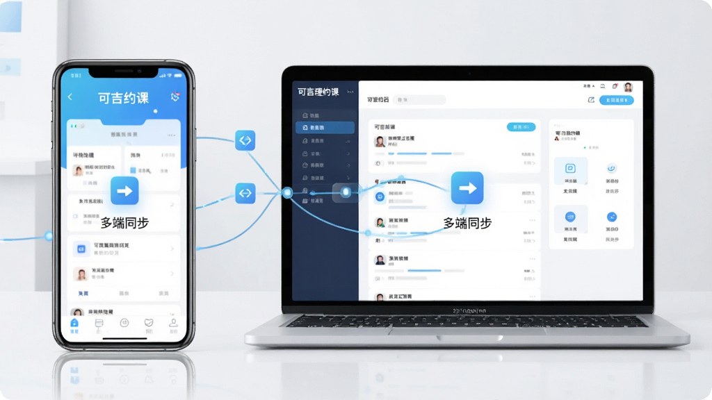 一张展示可吉约课在手机与电脑上同步使用的场景图,画面主体为手机与笔记本电脑并排放置,布局为左侧手机显示约课界面、右侧电脑显示管理后台,排版平衡,风格为现代科技感,细节包含同步图标、数据连线、界面元素,画质高清、干净、无多余元素,图片中文字显示