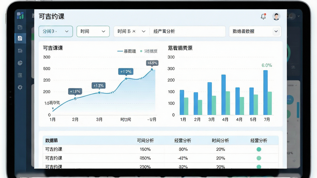 一张展示可吉约课数据统计报表的界面图,画面主体是平板电脑屏幕,布局为顶部筛选栏、中部折线图与柱状图、底部数据表格,排版对称,风格为清新浅色,细节包含趋势曲线、百分比标签、时间范围选择器,画质高清、干净、无多余元素,图片中文字显示