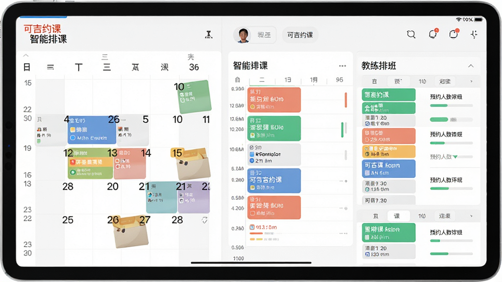 一张展示可吉约课智能排课功能的界面截图,画面主体是平板电脑横向放置,布局为左侧日历视图、右侧课程列表与教练排班表,排版清晰分区,风格为清爽商务风,细节包含彩色课程色块、时间轴刻度、预约人数进度条,画质高清、干净、无多余元素,图片中文字显示