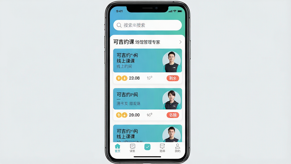 一张手机屏幕展示可吉约课应用的课程预约界面,画面主体是手机正视图,布局为顶部搜索栏、中部课程卡片列表、底部导航菜单,排版整齐居中,风格为现代扁平化UI设计,细节包含课程时间、教练头像、剩余名额标签,画质高清、干净、无多余元素,图片中文字显示