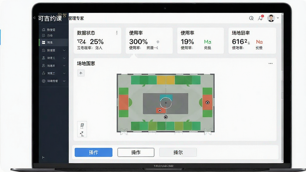 一张展示可吉约课场馆管理后台的界面图,画面主体是笔记本电脑屏幕,布局为顶部数据概览卡片、中部场地平面图、底部操作按钮,排版规整,风格为简约商务,细节包含场地状态色块、使用率百分比、场馆名称标签,画质高清、干净、无多余元素,图片中文字显示