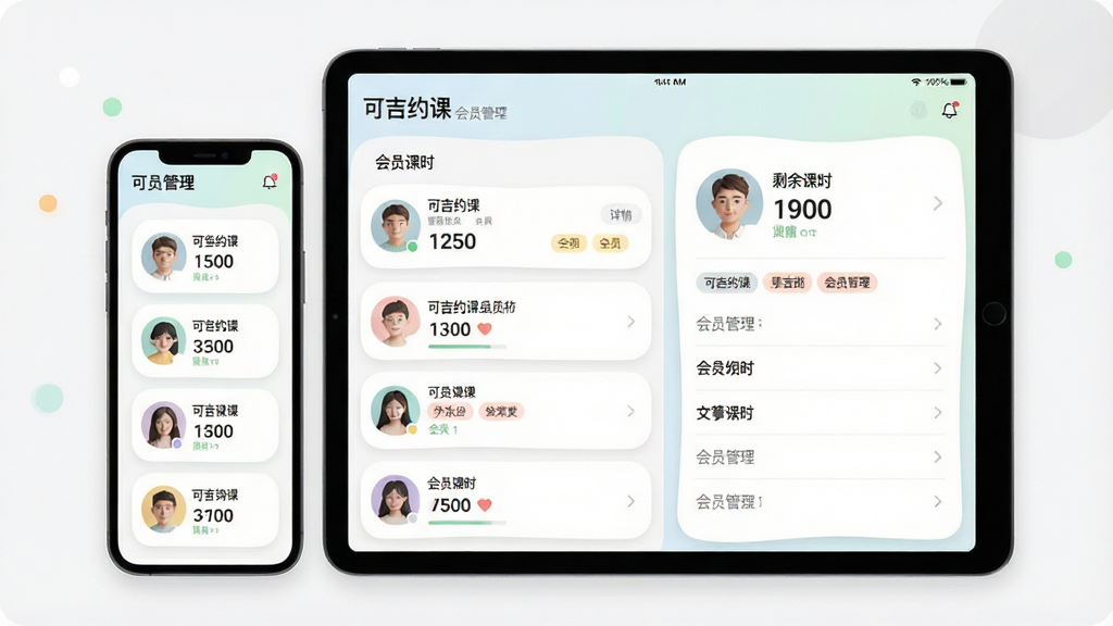 一张展示可吉约课会员管理模块的界面图,画面主体是手机与平板组合展示,布局为左侧会员列表、右侧详情面板,排版错落有致,风格为柔和圆角设计,细节包含会员头像、剩余课时数字、标签分类,画质高清、干净、无多余元素,图片中文字显示