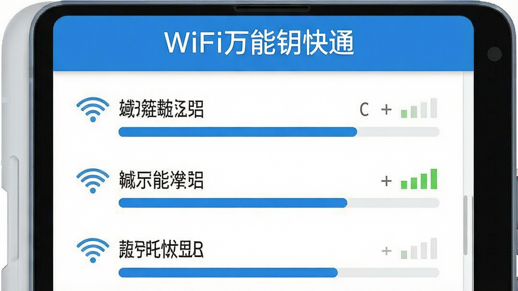 一幅展示WiFi万能钥快通附近热点扫描功能的界面示意图,画面中手机屏幕显示多个WiFi热点名称与信号强度条,标题“WiFi万能钥快通”位于顶部,采用扁平化设计风格,蓝白主色调,排版整齐清晰,画质干净,无多余装饰元素