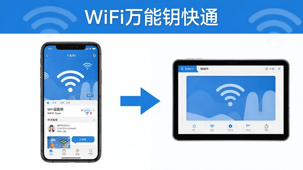 一幅展示WiFi万能钥快通使用流程的示意图,画面分为左右两部分,左侧为手机端操作界面,右侧为模拟器端操作界面,中间用箭头连接,顶部标注“WiFi万能钥快通”文字,整体风格简洁直观,蓝白配色,画质清晰,无多余元素
