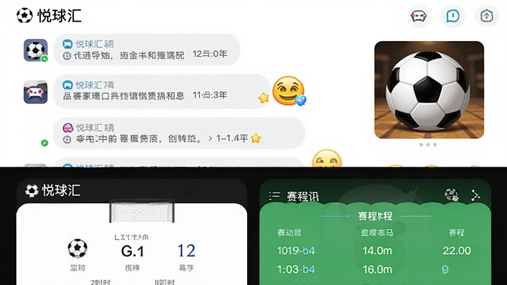 画面上半部分为“悦球汇”APP的社区聊天界面,显示多条用户留言和足球表情包;下半部分为赛事资讯卡片,展示比分和赛程。布局为上下分栏,排版整齐。风格为扁平化UI设计,细节包括圆角卡片、图标点缀。画质清晰,干净无多余元素。