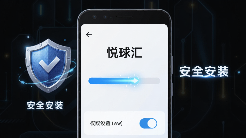 画面展示一部安卓手机正在安装“悦球汇”APP,安装进度条显示中,手机周围有盾牌图标和“安全安装”字样。布局为居中构图,手机下方有权限设置开关示意。风格为科技插画风,细节包括盾牌纹理、进度条光效。画质高清,干净无多余元素。