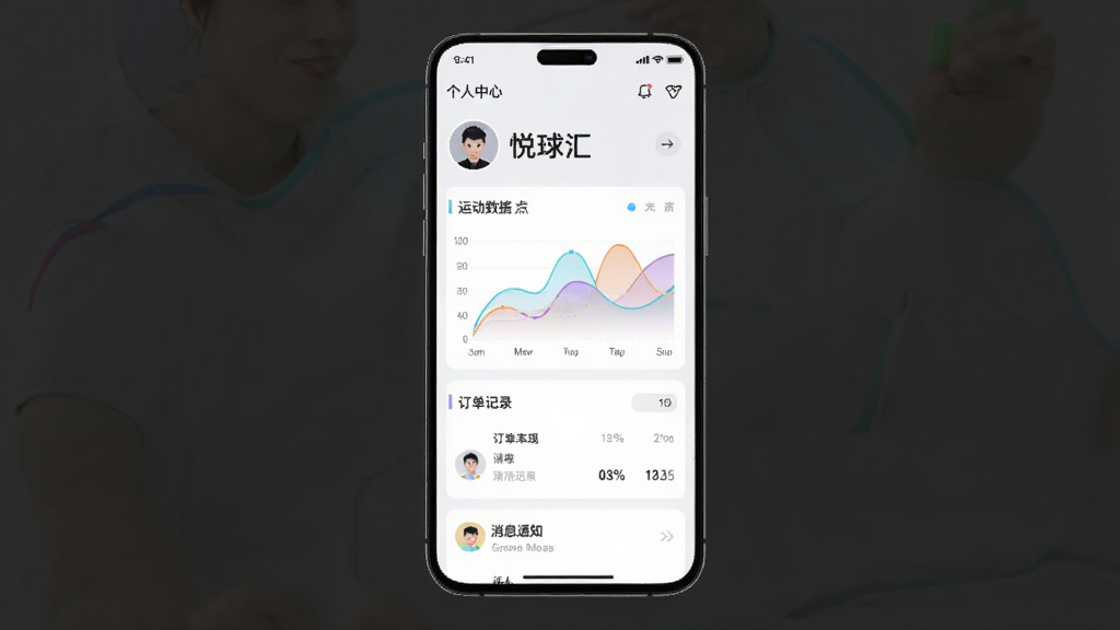 画面中央为“悦球汇”个人中心页面,显示用户头像、运动数据图表、订单记录和消息通知。布局为纵向列表,排版简洁。风格为现代简约风,细节包括数据图表曲线、图标配色柔和。画质高清,干净无多余元素。