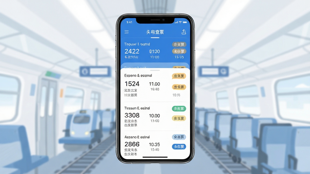 铁路火车票查应用主界面展示,画面中央是一部智能手机,屏幕上显示列车时刻查询列表和余票状态图标,主体突出手机与界面,布局居中对称,排版简洁清晰,风格为现代扁平化科技风,细节包含车次编号、出发到达时间、座位余票小标签,画质高清干净无多余元素,整体色调以蓝色和白色为主。