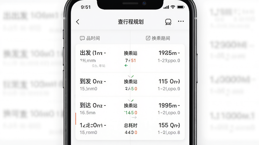 铁路火车票查行程规划界面展示,画面主体为手机屏幕中显示换乘方案对比列表,布局为左右分栏排版,风格为现代简约商务风,细节包含出发时间、到达时间、换乘站、总耗时等字段,画质高清干净无多余元素,背景为白色。