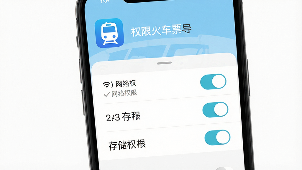铁路火车票查新手安装设置引导图,画面主体为手机屏幕显示权限设置界面,布局为上下结构,上方为应用图标和名称,下方为权限开关列表,风格为清爽扁平化设计,细节包含网络权限、存储权限开关按钮,画质高清干净无多余元素,背景为白色。