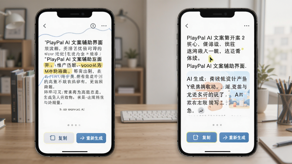 PlayPal AI 文案辅助界面图,画面为手机屏幕,屏幕中显示一段故事文本和AI生成的续写内容,下方有“复制”“重新生成”按钮,布局简洁,风格办公学习风,细节包括文本高亮和光标闪烁效果,画质清晰,干净,无多余元素