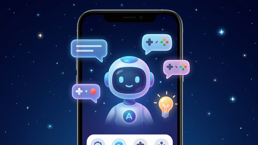 一张展示PlayPal AI应用主界面的手机样机图,画面中央是手机屏幕,屏幕内显示一个充满科技感的AI虚拟助手形象,周围环绕着对话气泡、游戏手柄图标和创意灯泡元素,背景为深蓝色渐变星空,布局简洁居中,风格现代科技感,细节包括柔和的霓虹光效和圆润的UI图标,画质高清,干净,无多余元素