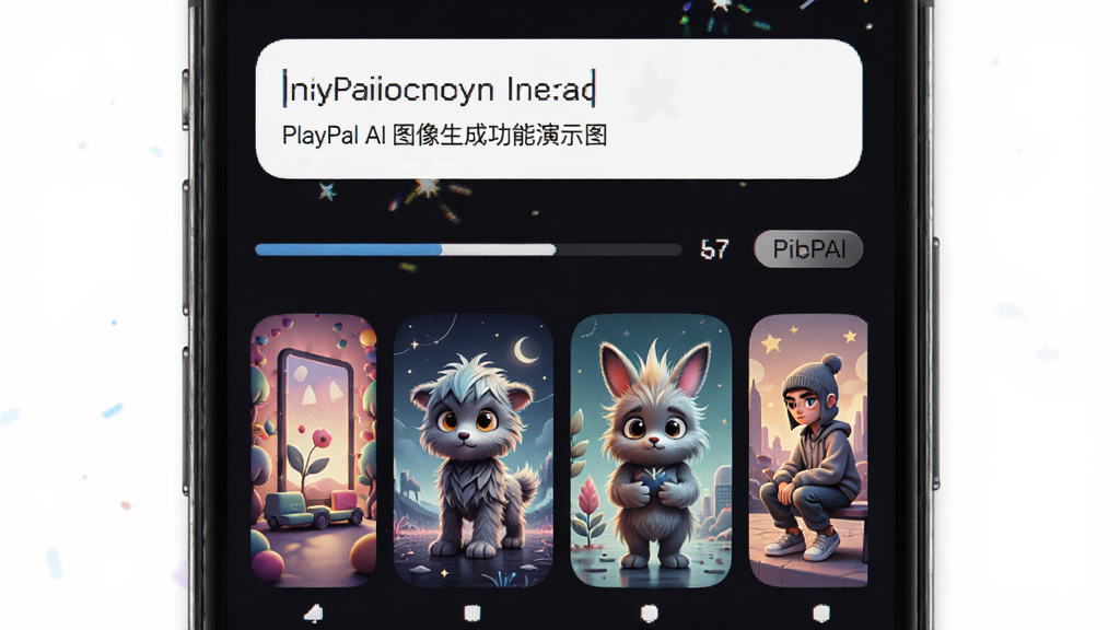 PlayPal AI 图像生成功能演示图,主体为手机屏幕,屏幕上半部分为文字输入框,下半部分展示四张由AI生成的不同风格图片缩略图,布局为上下结构,风格创意十足,细节包括生成进度条和风格标签,画质高清,干净,无多余元素