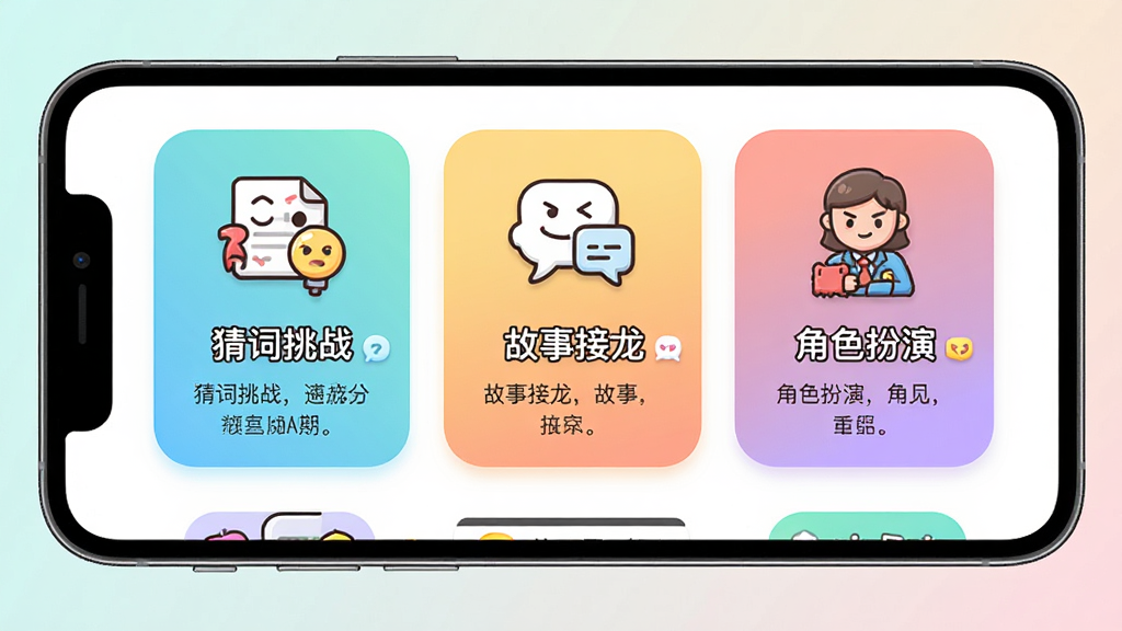 PlayPal AI 游戏选择界面图,主体为手机屏幕,屏幕内展示三个游戏卡片,分别标注“猜词挑战”“故事接龙”“角色扮演”,卡片带有卡通图标和简短说明,布局为网格排列,风格轻松娱乐,细节包括卡片圆角和渐变底色,画质高清,干净,无多余元素