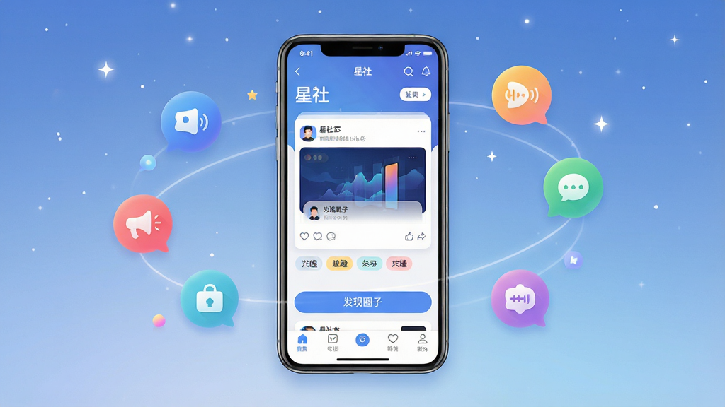 一张展示“星社”移动端应用界面的全景图,画面中央是手机屏幕,屏幕内显示“星社”社区首页,包含动态卡片、兴趣标签与底部导航栏,背景是柔和的星空渐变蓝色,周围环绕着代表不同兴趣圈子的彩色气泡图标,整体布局简洁现代,风格清新科技感,细节包括文字“星社”和“发现圈子”按钮,画质高清,干净,无多余元素