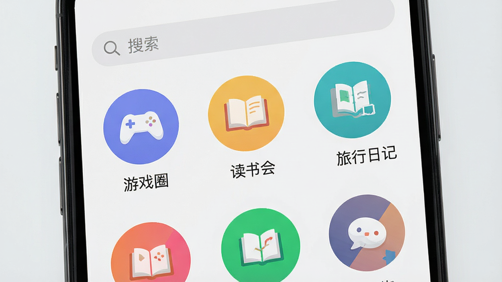 一张展示“星社”应用内多个兴趣圈子入口的界面截图,画面主体为手机屏幕,屏幕中显示“游戏圈”、“读书会”、“旅行日记”等彩色圆形图标排列整齐,每个图标下方有文字标签,背景是浅灰色极简风格,屏幕上方有搜索框,整体布局清晰,风格干净利落,画质高清,无多余元素