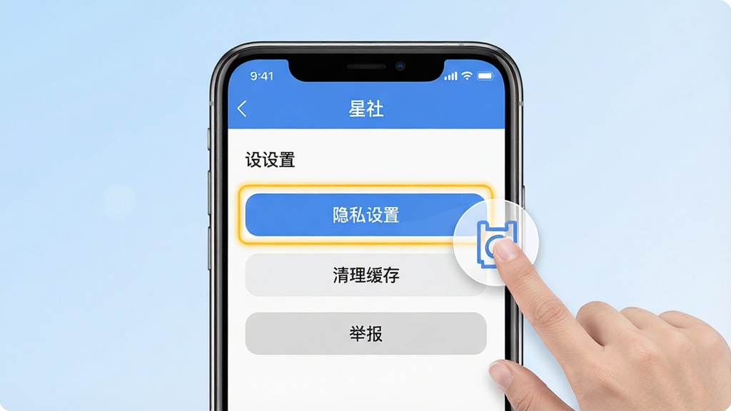 一张展示“星社”新手操作指引的示意图,画面主体为手机屏幕,屏幕中显示“星社”设置页面,高亮标注“隐私设置”、“清理缓存”、“举报”等按钮,背景是浅蓝色渐变,风格简洁明了,细节包括手指点击图标,画质高清,干净,无多余元素