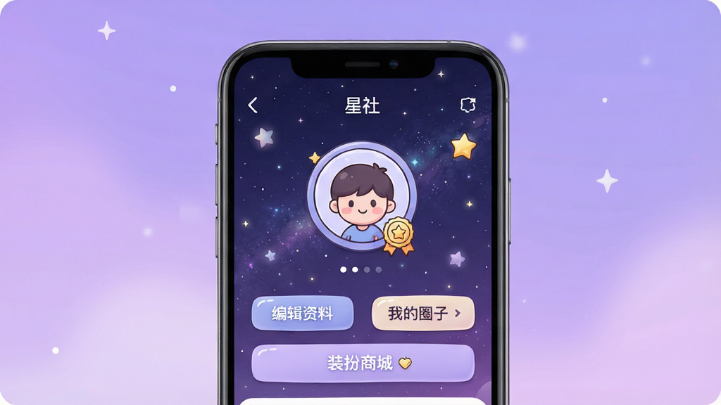 一张展示“星社”个人主页装扮功能的界面图,画面中央是手机屏幕,屏幕内显示一个带有星空背景和卡通头像的用户主页,主页上有“编辑资料”、“我的圈子”、“装扮商城”按钮,背景是柔和的紫色渐变,风格梦幻清新,细节包括头像框和徽章图标,画质高清,干净,无多余元素