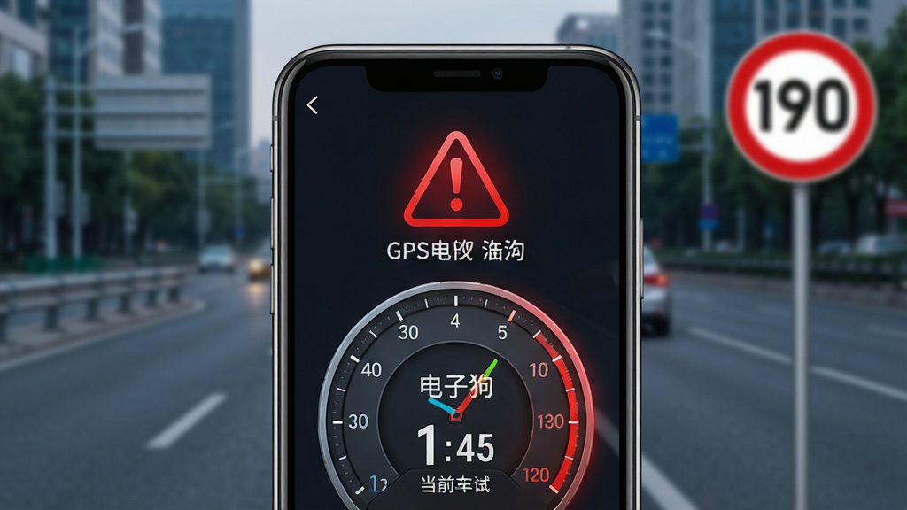 一张展示GPS电子狗实时测速预警功能的AI生成图片,画面主体为手机屏幕特写,屏幕上显示红色超速警告图标和当前车速数字,背景为模糊的城市道路场景,布局为手机居中放置,风格为写实科技风,细节包含速度表盘、红色警示光圈和限速标志,画质高清,干净无多余元素,图片中文字标注为“GPS电子狗”