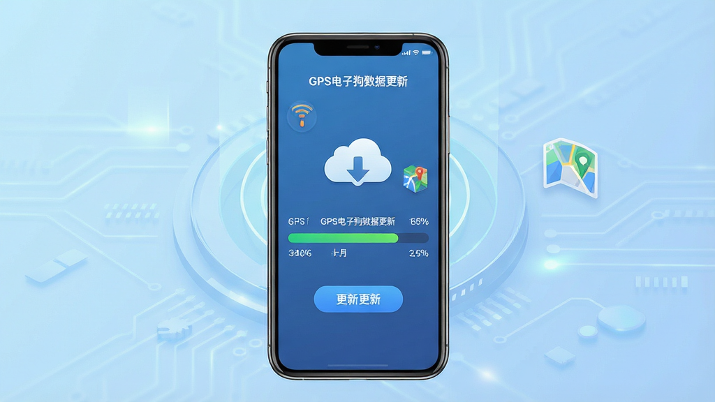 一张展示GPS电子狗数据包更新界面的AI生成图片,画面主体为手机屏幕显示数据更新进度条和云端下载图标,布局为手机竖屏居中,背景为淡蓝色渐变科技背景,风格为扁平化UI设计,细节包含进度百分比、更新按钮和地图数据图标,画质高清,干净简洁,图片中文字标注为“GPS电子狗数据更新”