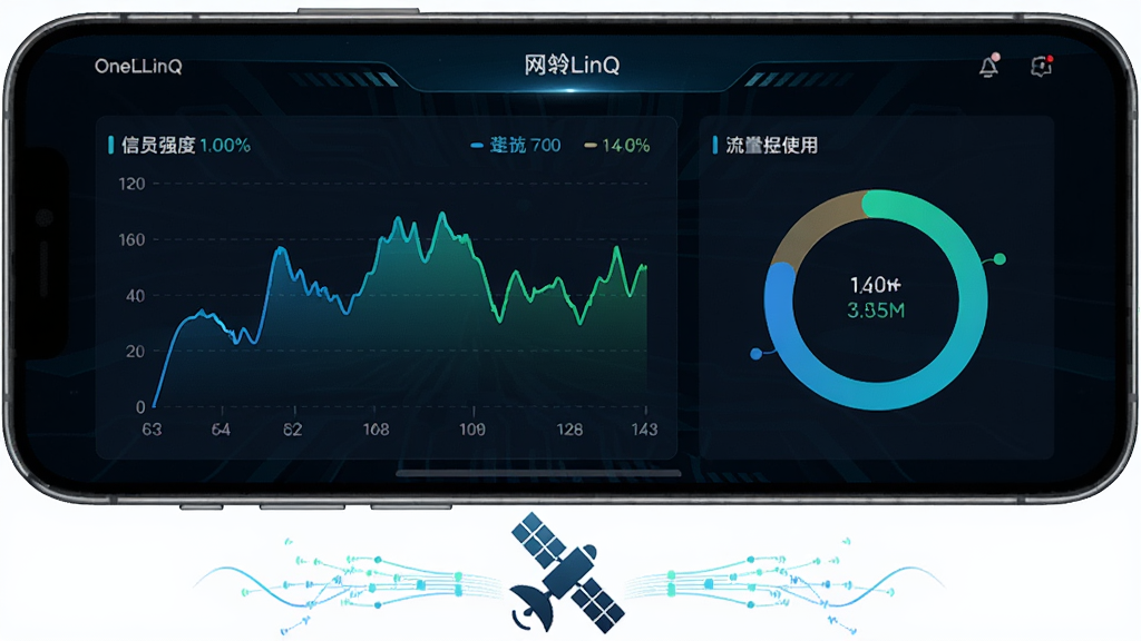 手机横屏展示网翎OneLinQ数据监控面板,屏幕中央为信号强度曲线图与流量使用环形图,图表配色为蓝绿渐变,背景为深色科技风格,手机下方有卫星图标与数据流动线条,整体布局对称,风格为数据可视化大屏风格,细节上图表数字清晰可见,画质高清,画面干净,无多余元素