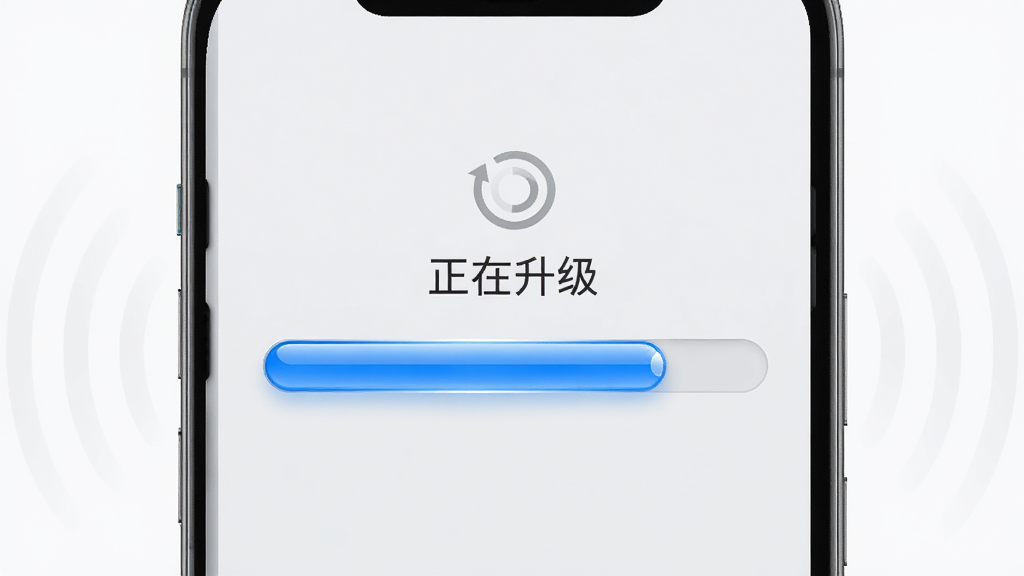 手机屏幕显示网翎OneLinQ固件升级进度界面,进度条为蓝色填充,上方有“正在升级”文字与旋转图标,背景为浅灰色极简风格,手机周围有微弱的信号波纹装饰,整体布局居中,风格为现代简约UI,细节上进度条有光泽质感,画质高清,画面干净,无多余元素