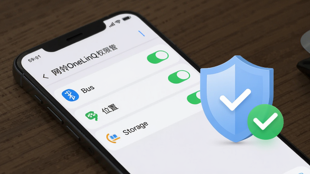 一部手机屏幕显示网翎OneLinQ权限管理界面,列表中蓝牙、位置、存储权限已开启,背景为浅色系统设置风格,手机旁边有安全盾牌图标与勾选标记,整体布局简洁,风格为安全提示类UI展示,细节上图标清晰、配色柔和,画质高清,画面干净,无多余元素