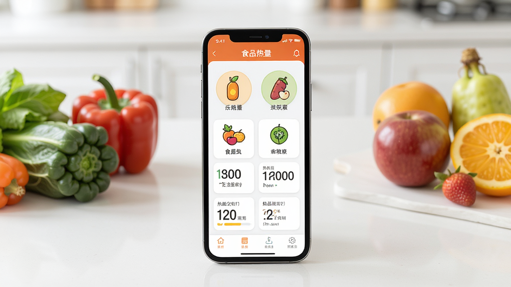 一张展示手机屏幕的图片,屏幕中显示食品热量卡路里APP的主界面,界面中有食物分类图标和热量数据卡片,背景为干净的浅色厨房台面,旁边摆放新鲜蔬菜和水果,整体风格清新明亮,画质清晰,无多余元素