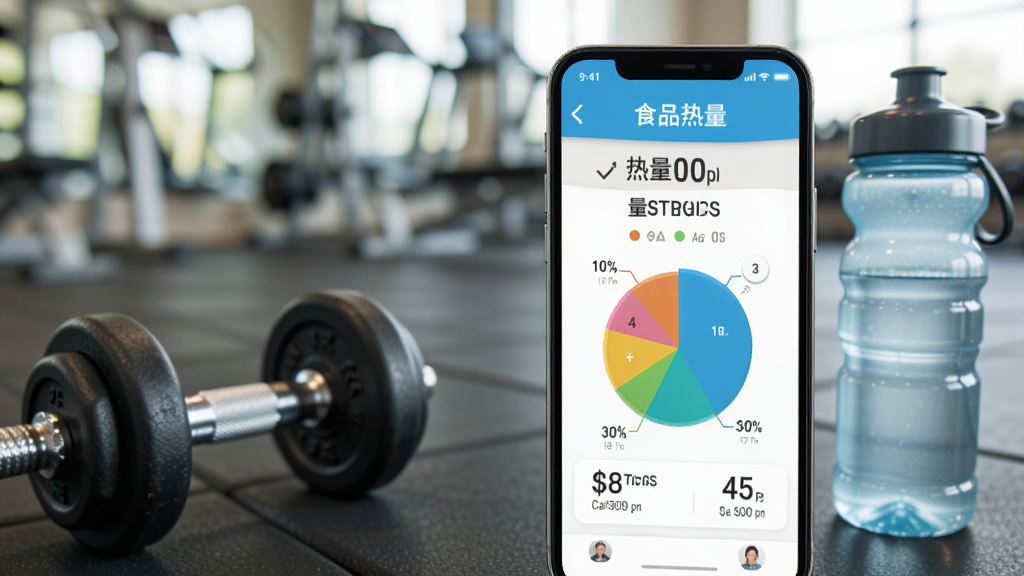食品热量卡路里APP统计页面展示,手机屏幕中显示热量进度条和饼状图,背景为健身房环境,有哑铃和运动水壶,风格活力健康,画质清晰