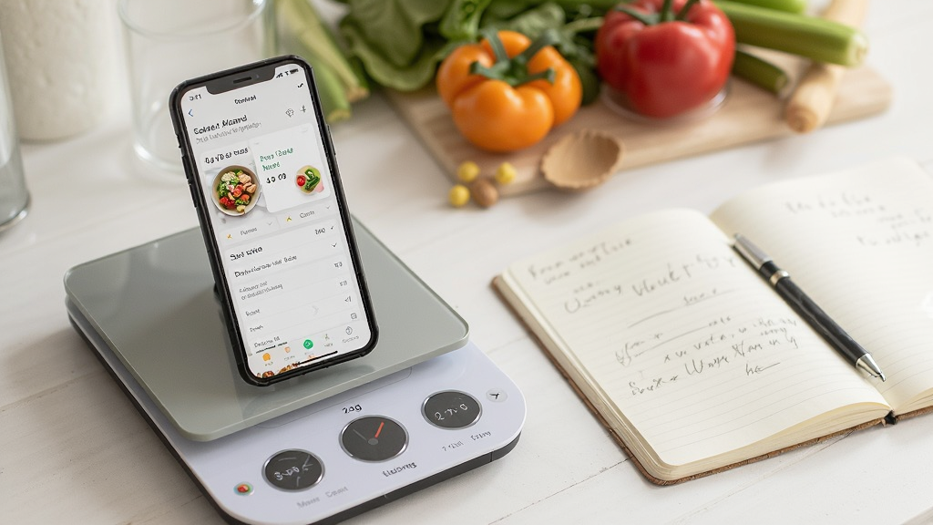 食品热量卡路里APP使用场景图,手机放置在厨房秤旁边,屏幕显示食物热量记录页面,背景有新鲜食材和笔记本,风格生活化,画质清晰干净