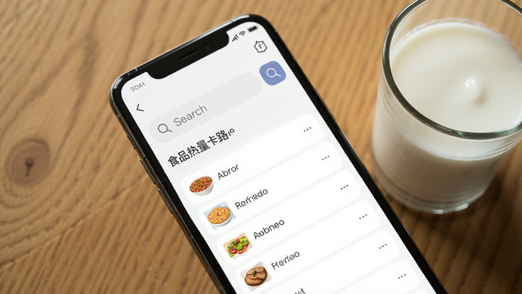 食品热量卡路里APP搜索界面展示,手机屏幕中显示搜索框和食物联想列表,背景为木质桌面和一杯牛奶,风格简约干净,画质清晰
