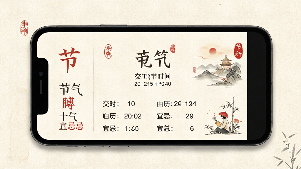 农历节气便民日历应用界面截图,画面中央为手机屏幕,屏幕内显示节气详情页,包含节气名称、交节时间、农历日期和宜忌列表,背景为浅米色纸张纹理,布局上下结构,排版整齐,风格为中国风简约设计,细节有红色印章装饰和节气插画,画质清晰,干净,无多余元素