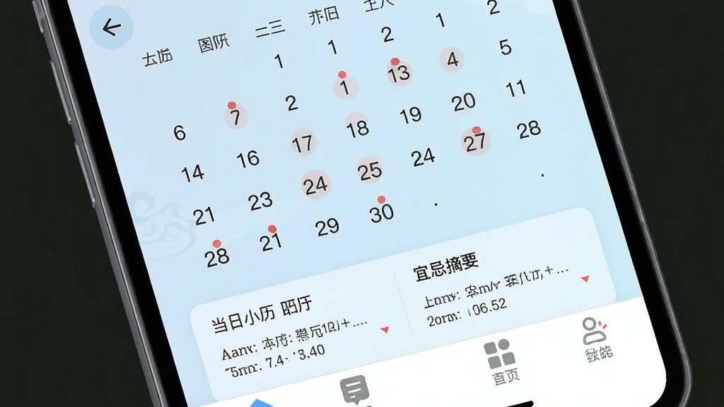 农历节气便民日历应用界面展示,手机屏幕显示月历视图,节气日期用红色圆点标记,下方有当日农历和宜忌摘要,背景为淡蓝色渐变,布局为上下结构,排版清晰,风格为现代简约扁平化,细节包括月份切换箭头和底部导航栏,画质清晰,干净,无多余元素