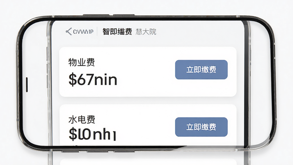 智慧大院 手机应用生活缴费界面 页面展示多张账单卡片 卡片上标注物业费 停车费 水电费字样和金额 每张卡片右侧有立即缴费按钮 背景为白色 风格清爽 排版简洁 画质高清 干净无多余元素
