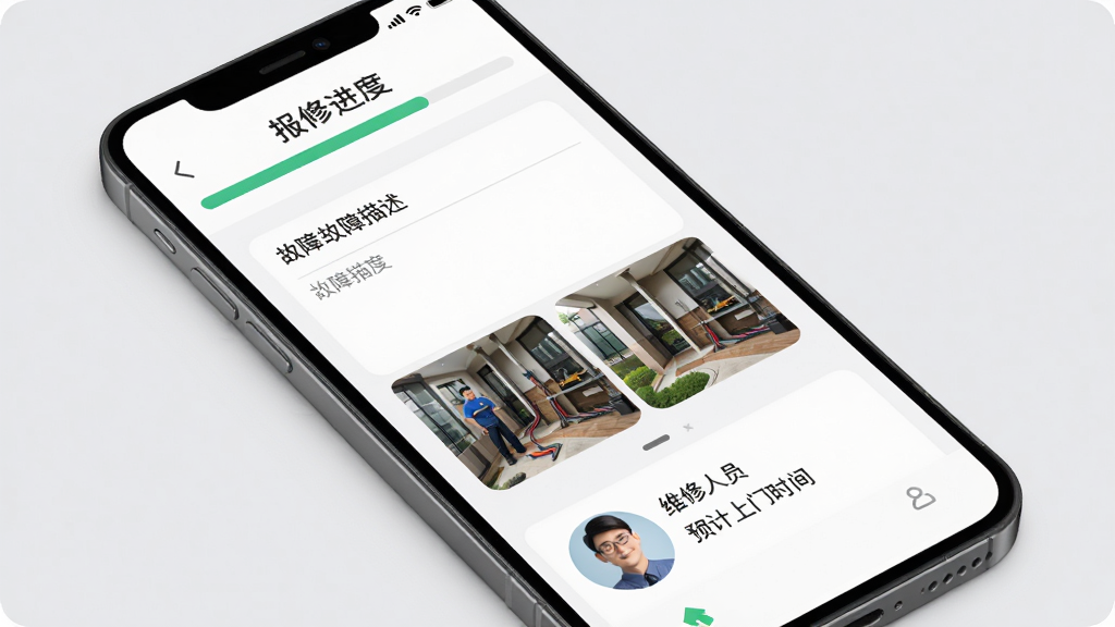 智慧大院 手机应用报修工单界面 页面顶部显示报修进度条 中间为故障描述文字和现场照片缩略图 下方有维修人员头像和预计上门时间 背景为浅灰色 风格干净 排版整齐 画质高清 细节清晰 无多余元素
