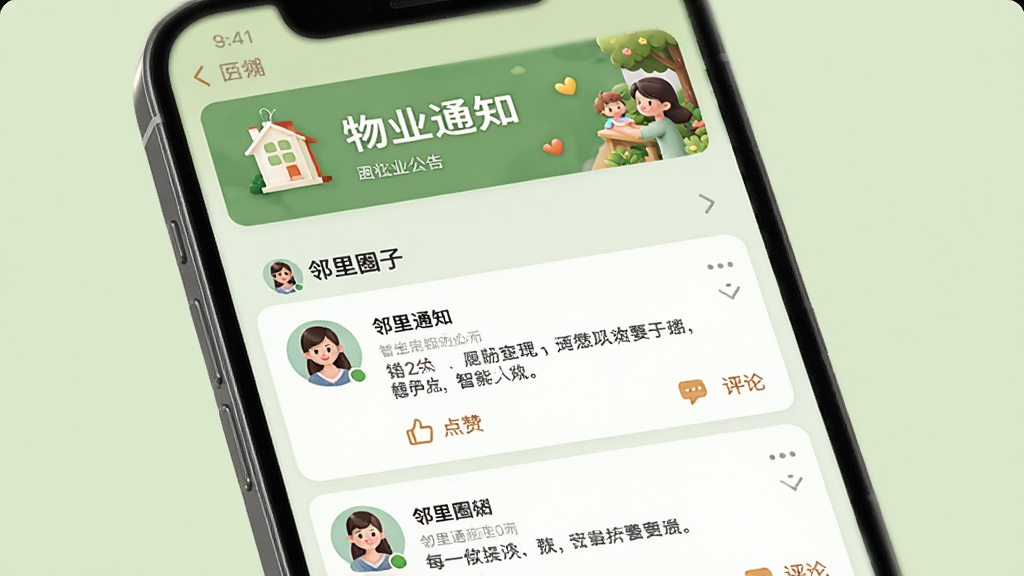 智慧大院 手机应用社区公告界面 页面顶部为物业通知横幅 下方为邻里圈帖子列表 帖子包含用户头像 文字内容和点赞评论图标 背景为浅绿色 风格温馨 排版清晰 画质高清 细节丰富 无多余元素